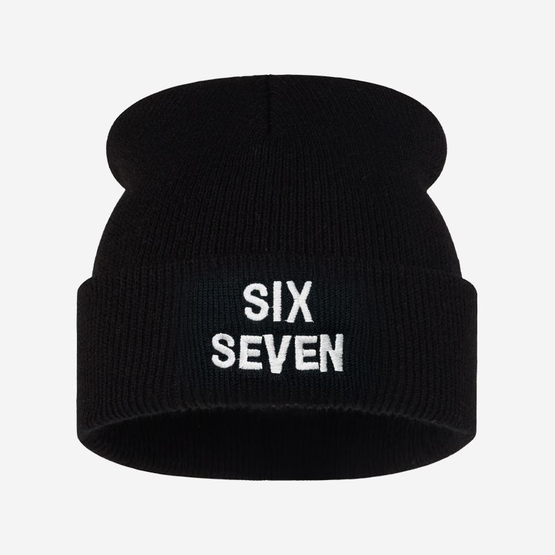 Beanie Cuffed Knit - SIX SEVEN Letter Embroidered Knit Beanie,